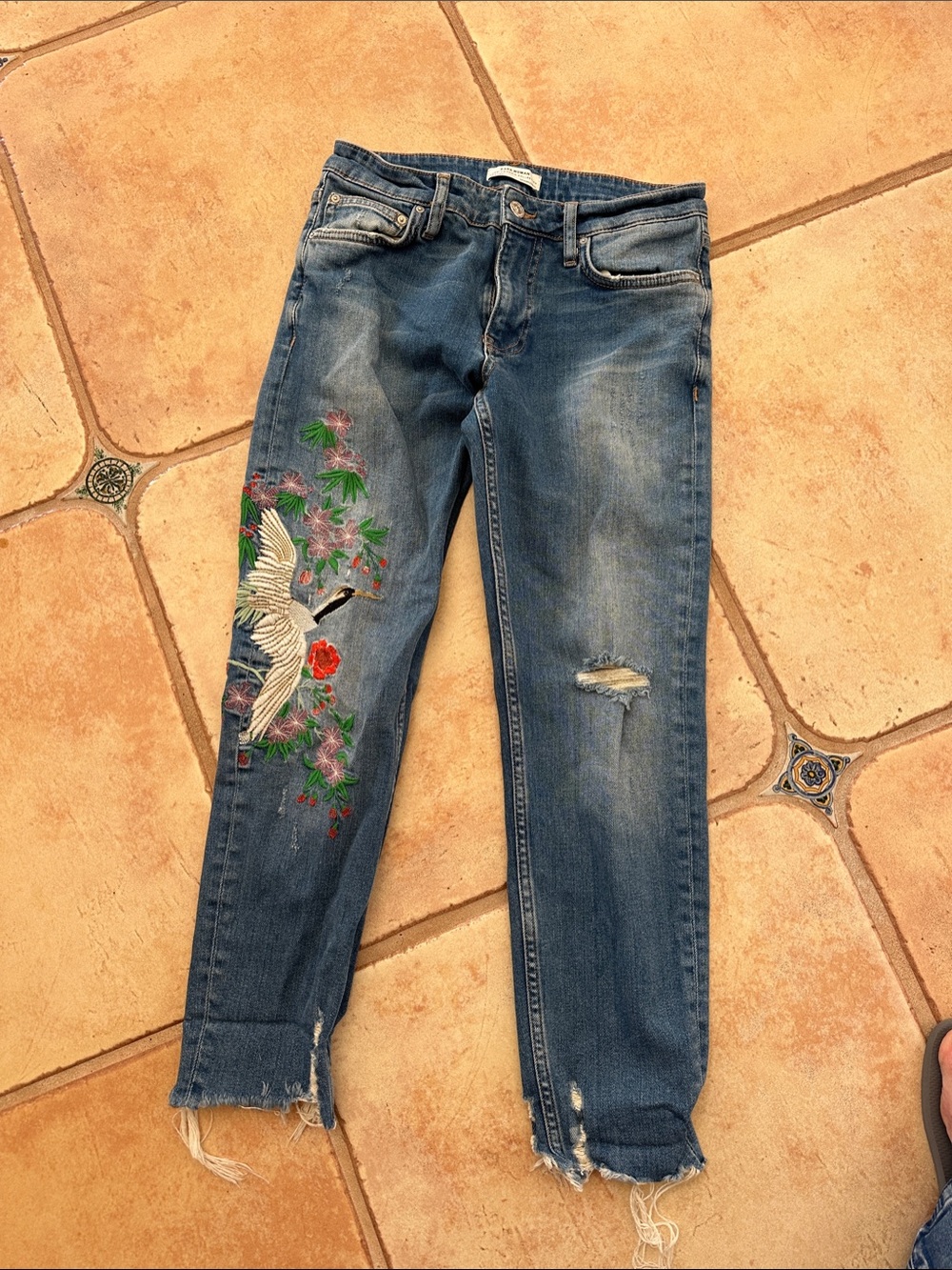 Embroidered Blue Women’s Jeans with Bird Motif
